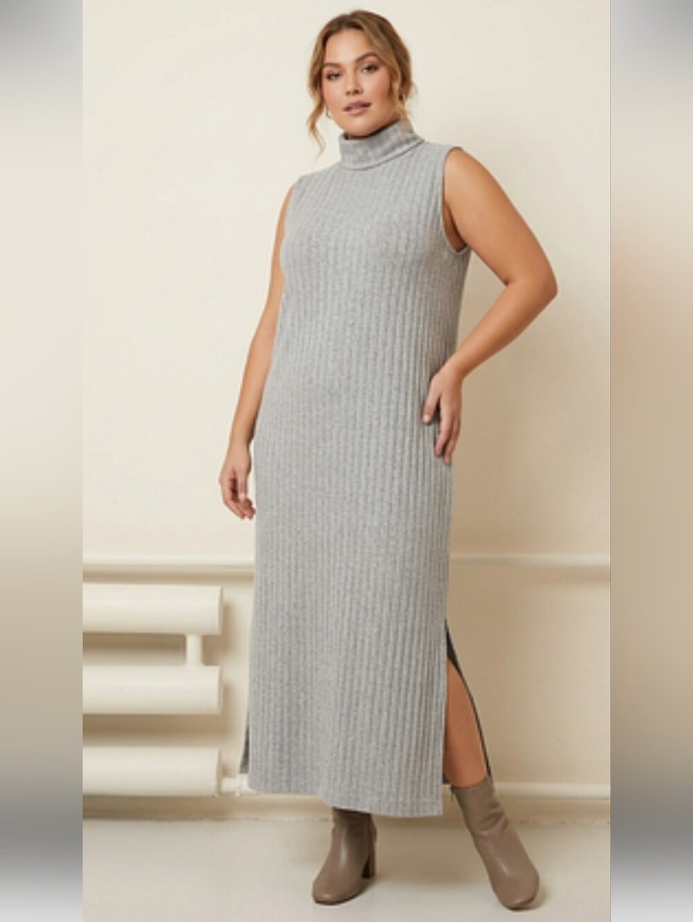 Sleeveless Ribbed Turtleneck Maxi Dress - Light Gray